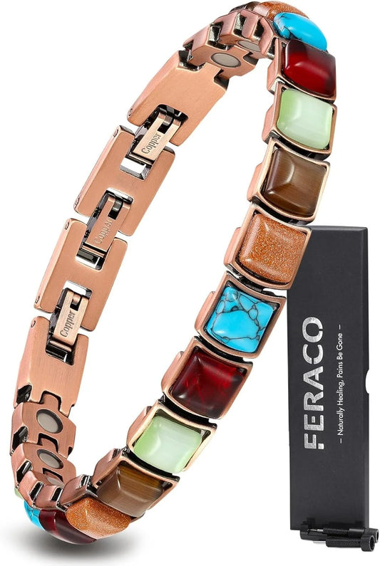 Feraco Pure Copper Bracelets for Women, Ultra Strength Magnetic Bracelet with 3800 Gauss Magnets & Natural Turquoise & Stones,