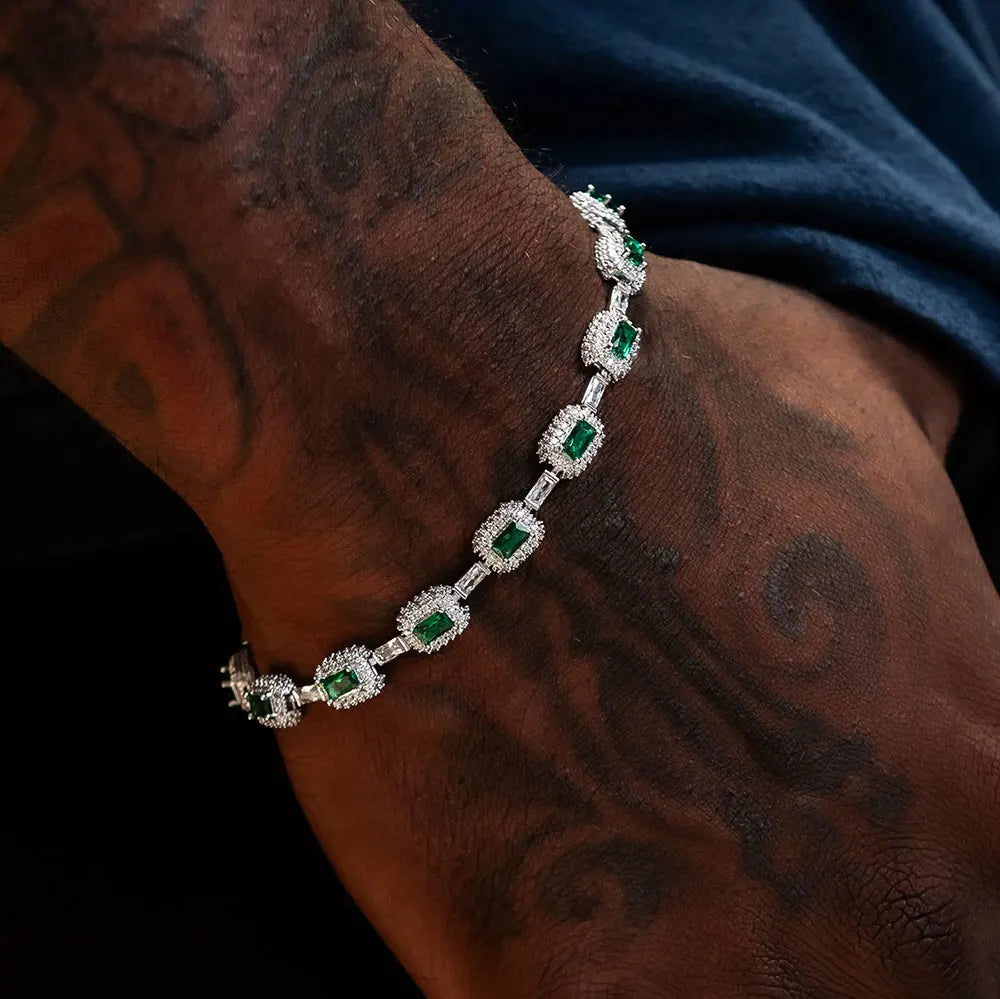 Fine Jewelry White Gold Emerald Bracelet with Diamond 7Mm Iced Green Emerald Bracelet Gemstone Women Men Gift