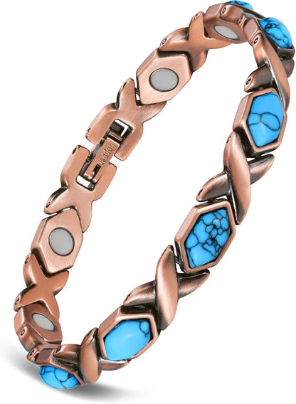 Feraco Pure Copper Bracelets for Women, Ultra Strength Magnetic Bracelet with 3800 Gauss Magnets & Natural Turquoise & Stones,