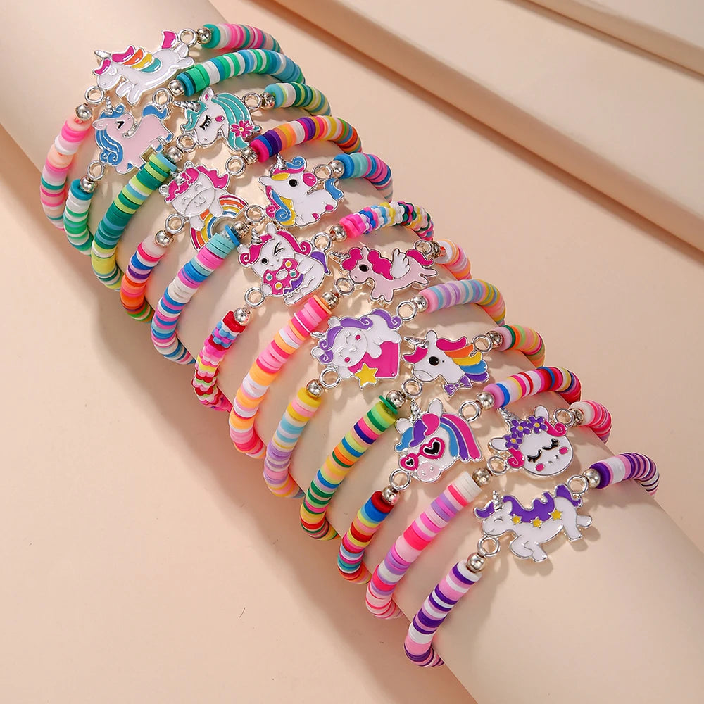 12Pcs/Set Unicorn Cat Flower Charm Elastic Handmade Beaded Bracelets for Women Girls Birthday Party Jewelry Friendship Gift