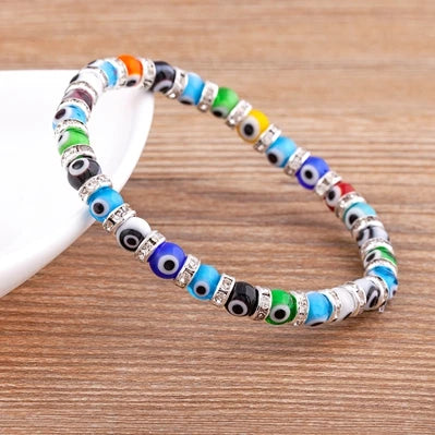 Hot Sale Lucky Evil Eye Handmade Elastic Rope Bracelets Glass Beads and 6MM Crystal 8 Colors Fine Party Adjustable Jewelry