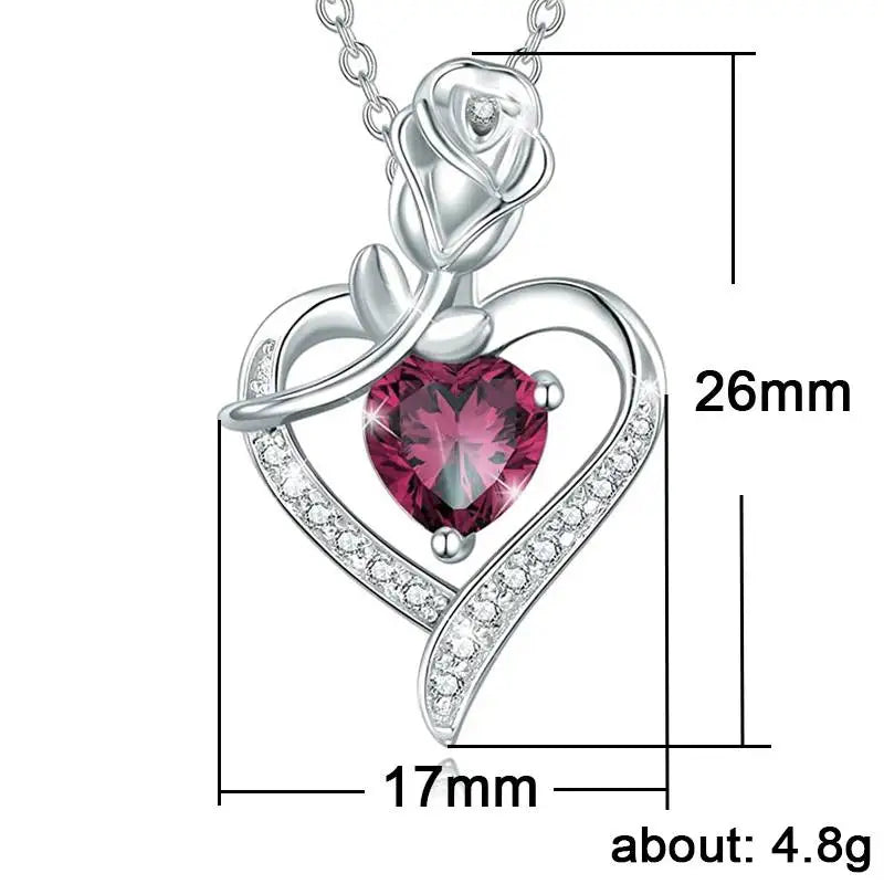 925 Sterling Silver Birthstone Necklace Rose Flower Heart Pendant Jewelry Christmas Valentines Mother'S Day Gifts for Women Mom Wife/Lover