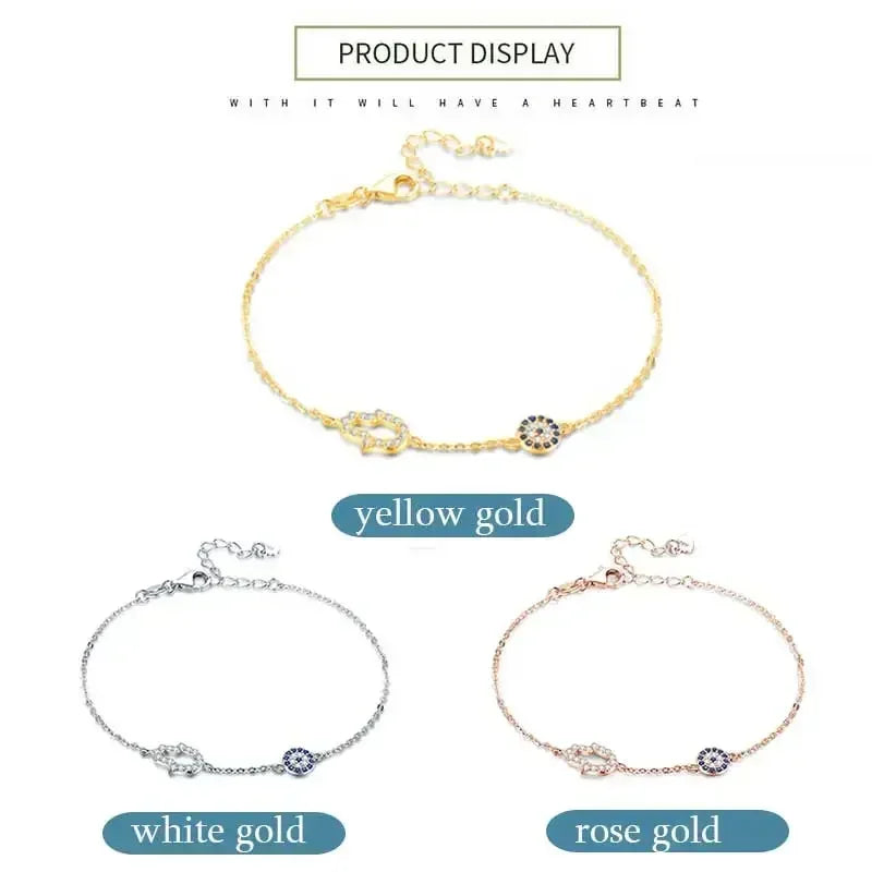 925 Sterling Silver Link Chain Bracelets for Women Hamsa Hand Evil Eye Charm Bracelet Turkish Rose Gold Jewelry