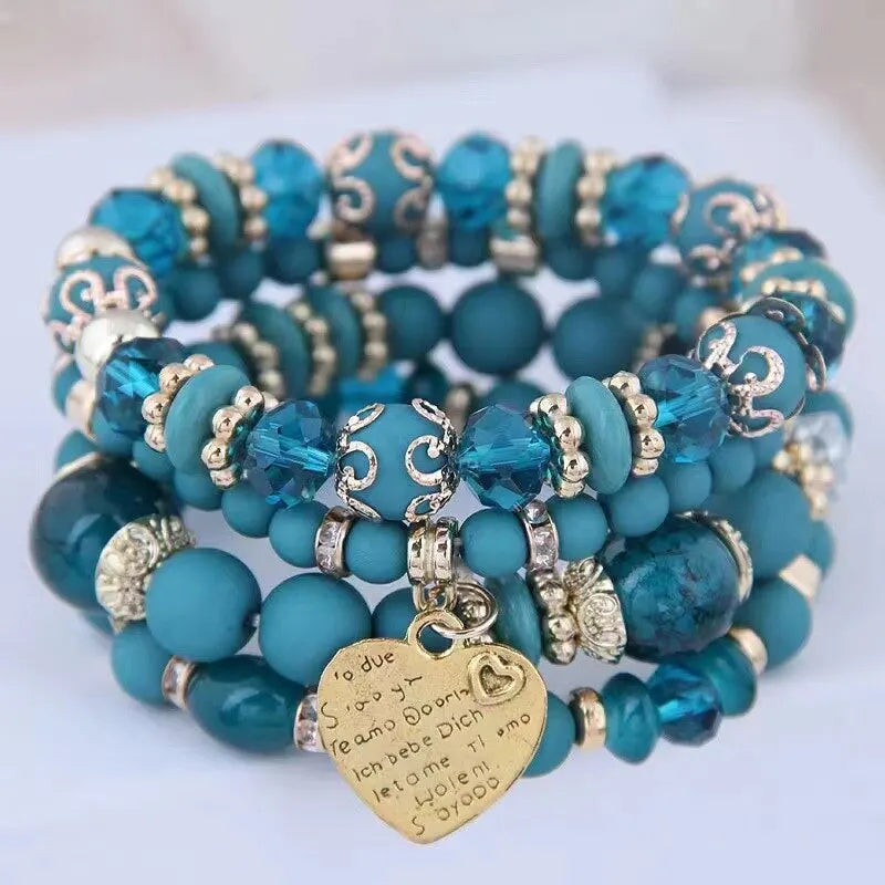 4Pcs/Set Boho Strand Bracelets for Women Crystal Beads Bracelets Heart Letter Elastic Bangles Wristband Yoga Jewelry Gifts