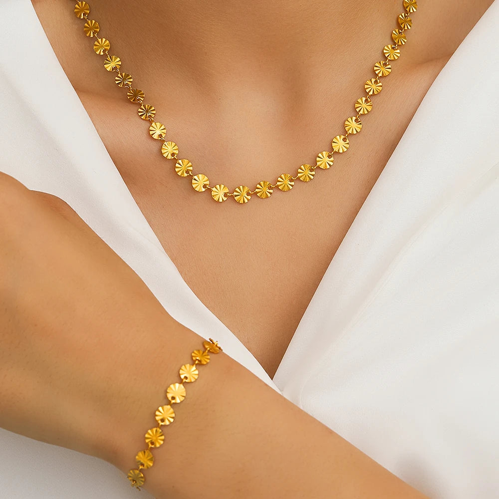 Gold Plated Textured Disc Chain Bracelet for Women, Diamond Cut Textured Boho Minimalist Bracelet Fashion Jewelry Gift ﻿