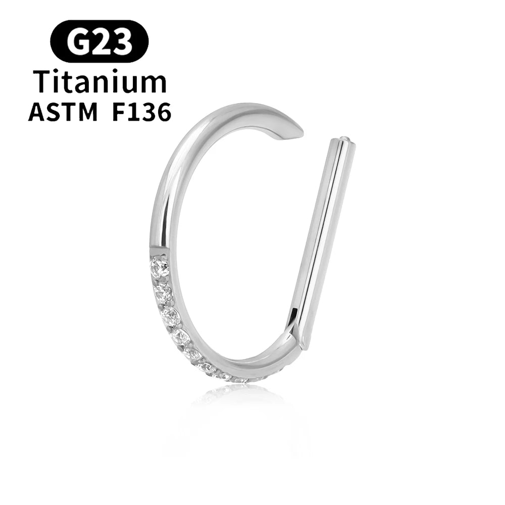 G23 Titanium round Hoop D Shape Nose Ring Daith Heart Earring 16G CZ Hinged Segment Ear Tragus Cartilage Helix Piercing Jewelry