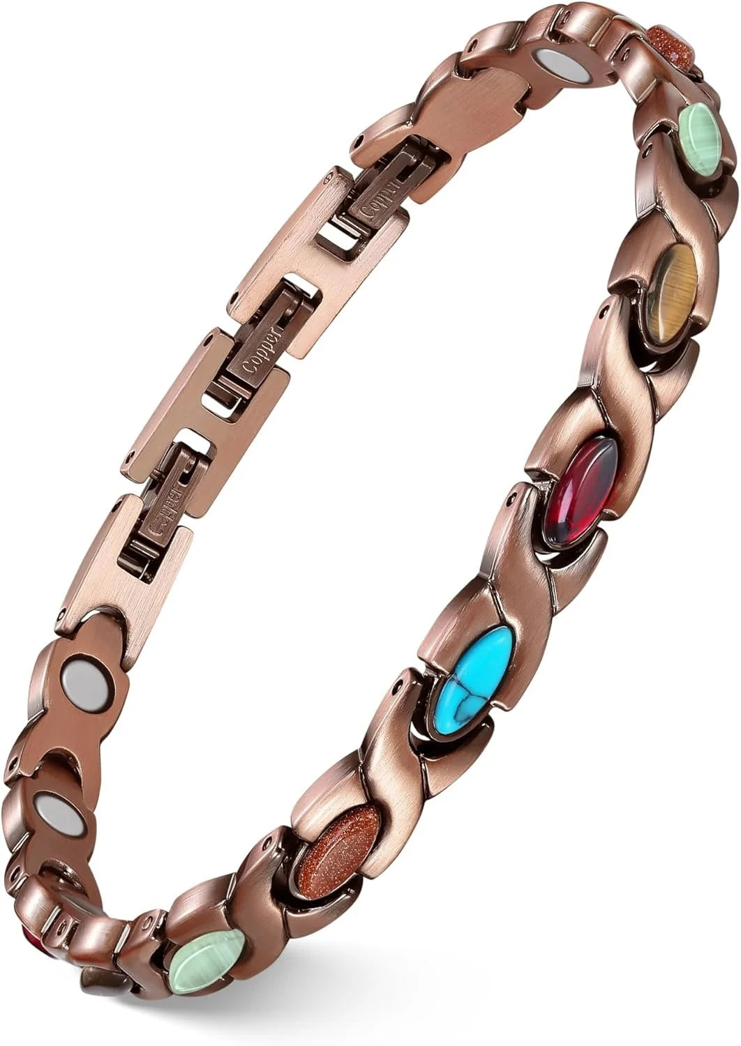 Feraco Pure Copper Bracelets for Women, Ultra Strength Magnetic Bracelet with 3800 Gauss Magnets & Natural Turquoise & Stones,