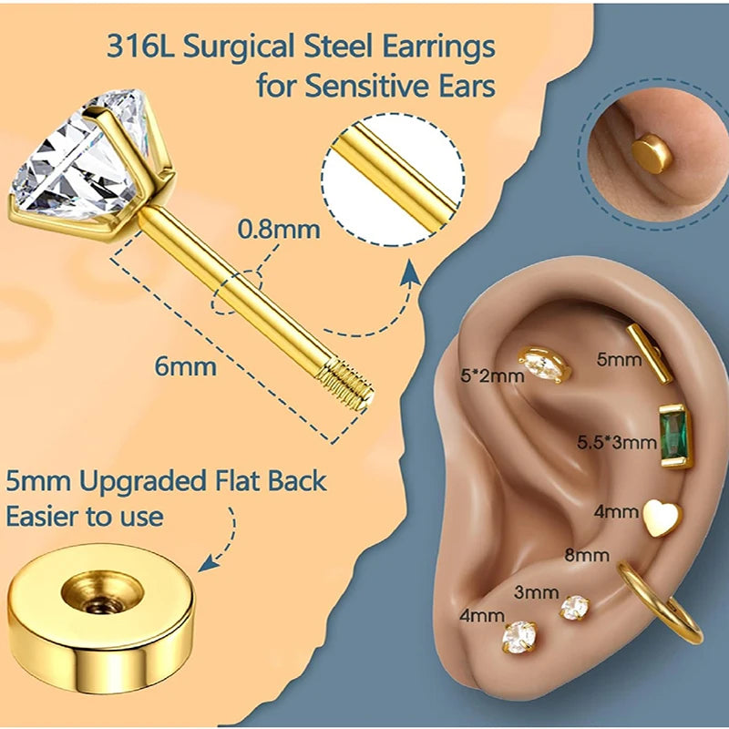 2Pcs 14K Gold Plated Flat Back Stud Earrings for Women, Hypoallergenic Stainless Steel Screw Back Cartigale Conch Helix Earrings