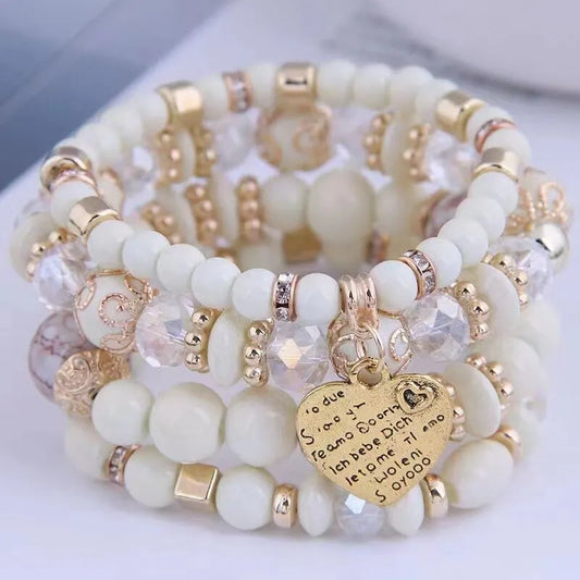 4Pcs/Set Boho Strand Bracelets for Women Crystal Beads Bracelets Heart Letter Elastic Bangles Wristband Yoga Jewelry Gifts
