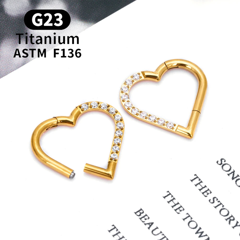 G23 Titanium round Hoop D Shape Nose Ring Daith Heart Earring 16G CZ Hinged Segment Ear Tragus Cartilage Helix Piercing Jewelry