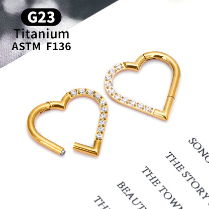G23 Titanium round Hoop D Shape Nose Ring Daith Heart Earring 16G CZ Hinged Segment Ear Tragus Cartilage Helix Piercing Jewelry
