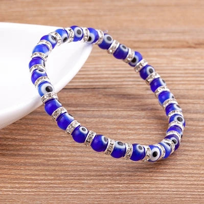 Hot Sale Lucky Evil Eye Handmade Elastic Rope Bracelets Glass Beads and 6MM Crystal 8 Colors Fine Party Adjustable Jewelry