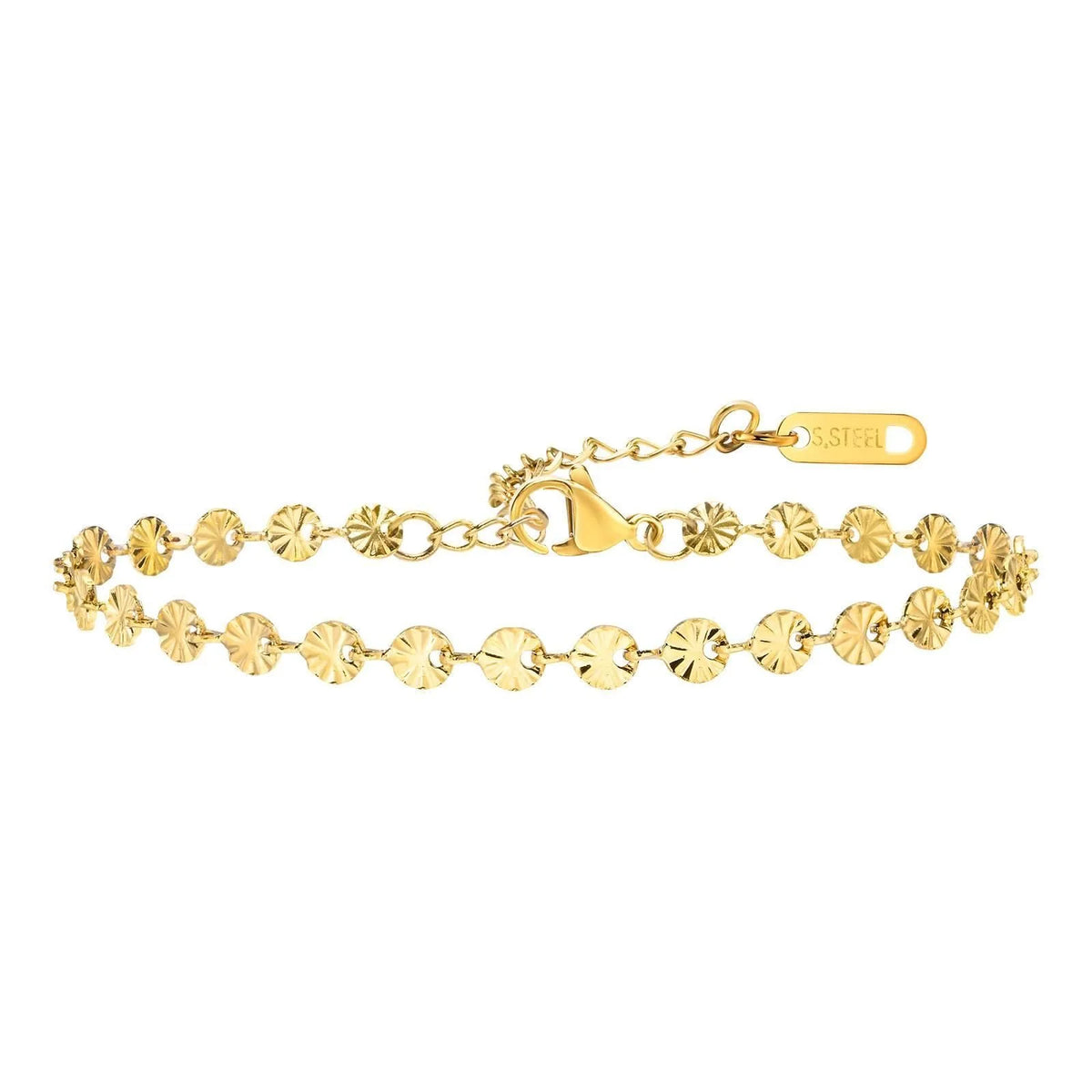 Gold Plated Textured Disc Chain Bracelet for Women, Diamond Cut Textured Boho Minimalist Bracelet Fashion Jewelry Gift ﻿