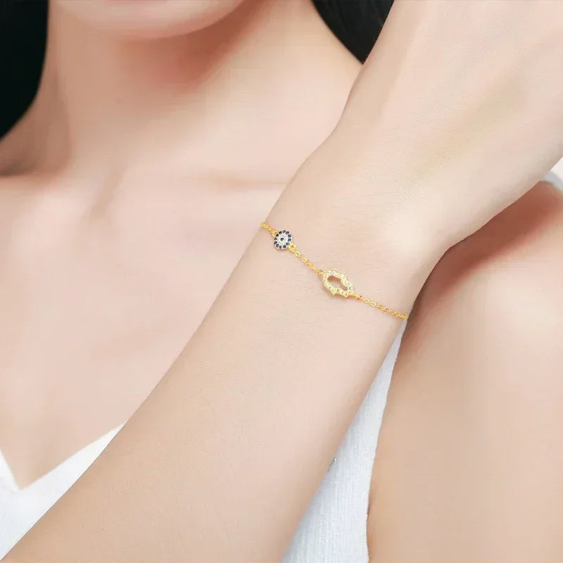 925 Sterling Silver Link Chain Bracelets for Women Hamsa Hand Evil Eye Charm Bracelet Turkish Rose Gold Jewelry