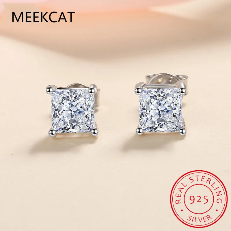 2 Carat Princess Cut Moissanite 4 Prong Solitaire Stud Earrings in 18K White Gold Plating for Women