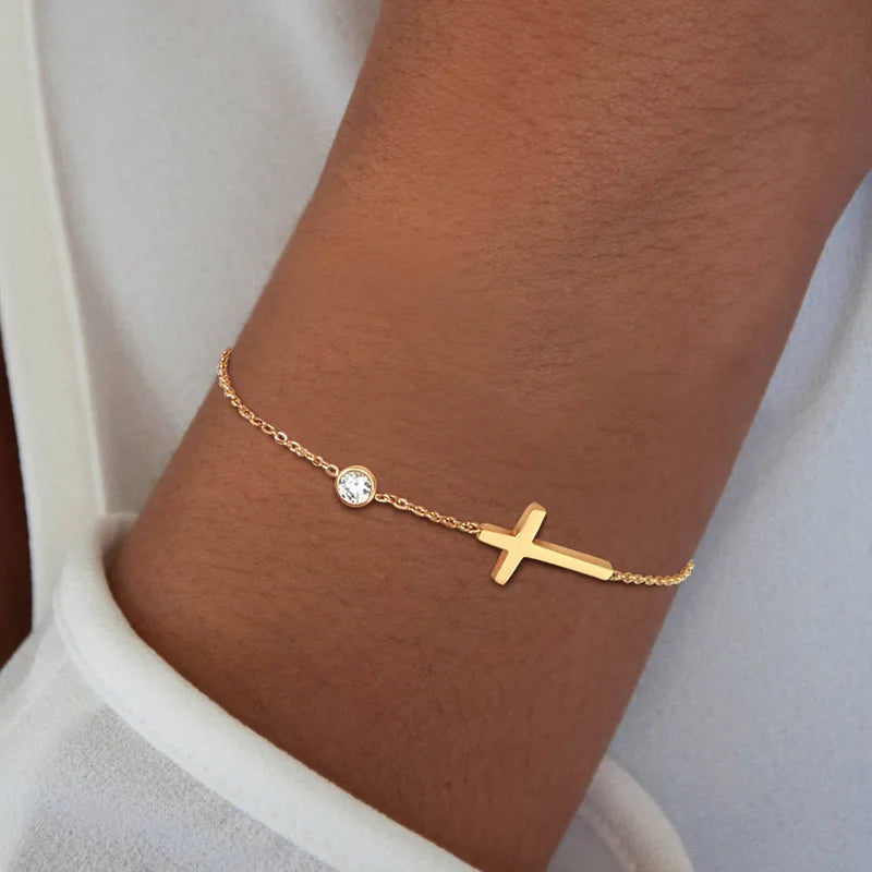 Birthstone Zirconia Thin Chain Link Cross Bracelet Stainless Steel Women'S Adjustable Link Stacked Layered Chain Bracelets