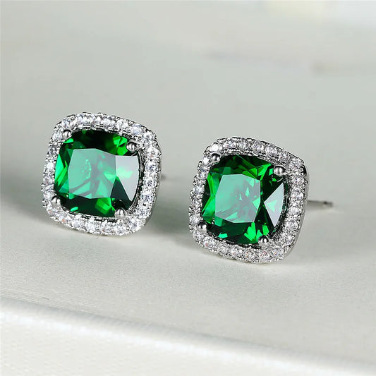 Birthstone Cushion Halo Solitaire Stud Earrings in Silver Plate