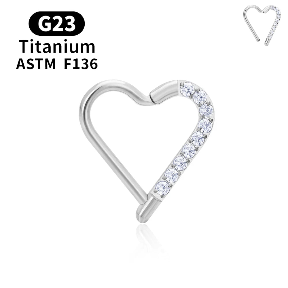 G23 Titanium round Hoop D Shape Nose Ring Daith Heart Earring 16G CZ Hinged Segment Ear Tragus Cartilage Helix Piercing Jewelry