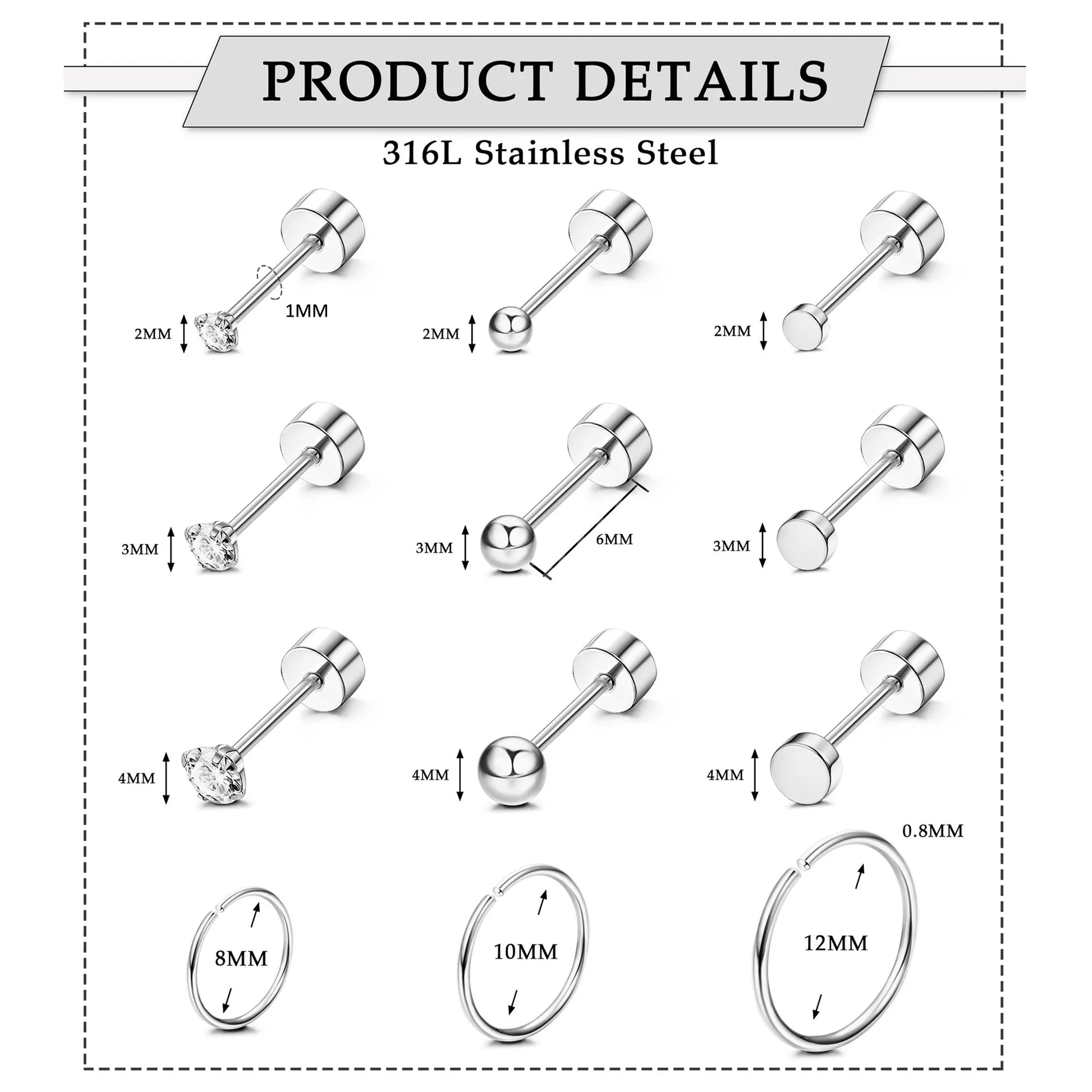 1 Pair Stainless Steel Small Tiny CZ Ball Flat Back Stud Earring Multiple Piercing Cartilage Hoop Earrings for Women Men