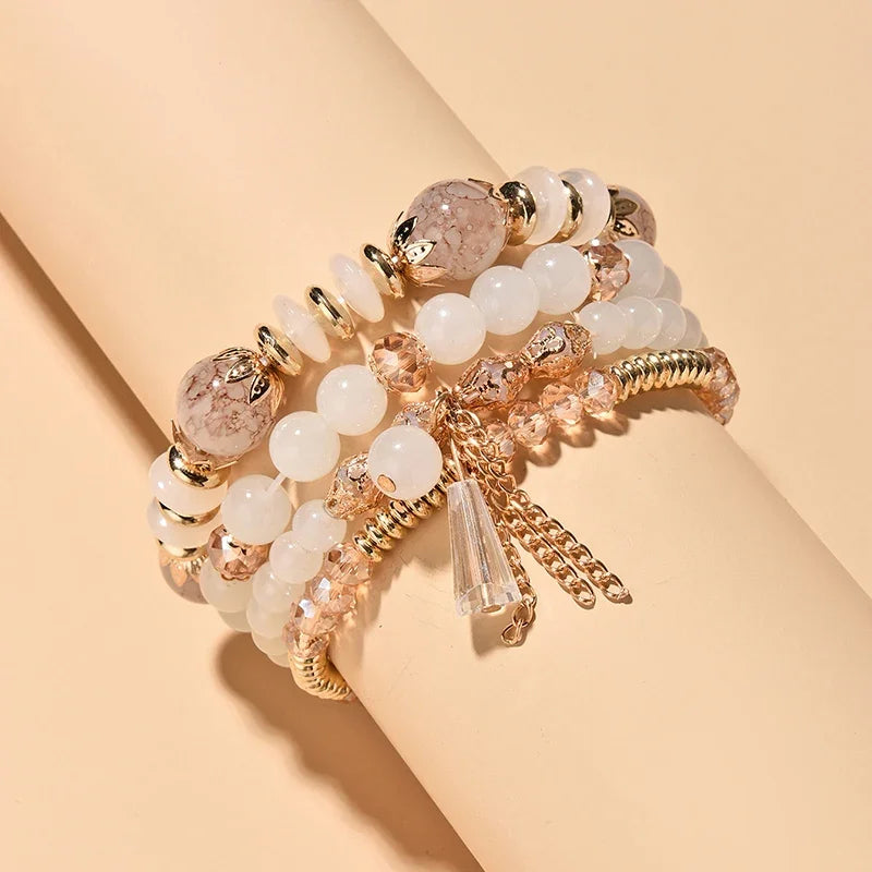 4Pcs Bohemian Stackable Beaded Bracelets Set for Women Multilayered Glass Beads Stretch Chain Charm Bracelet Men Fashion Jewelry