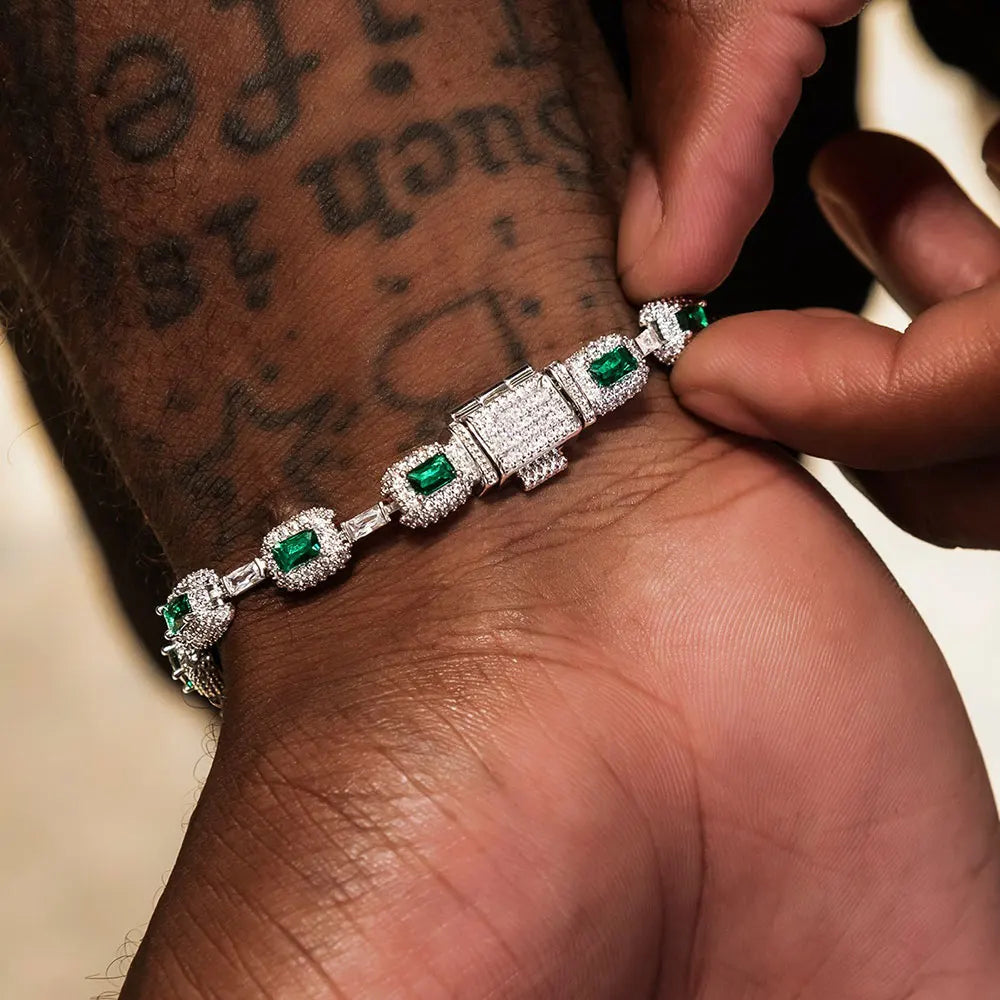 Fine Jewelry White Gold Emerald Bracelet with Diamond 7Mm Iced Green Emerald Bracelet Gemstone Women Men Gift