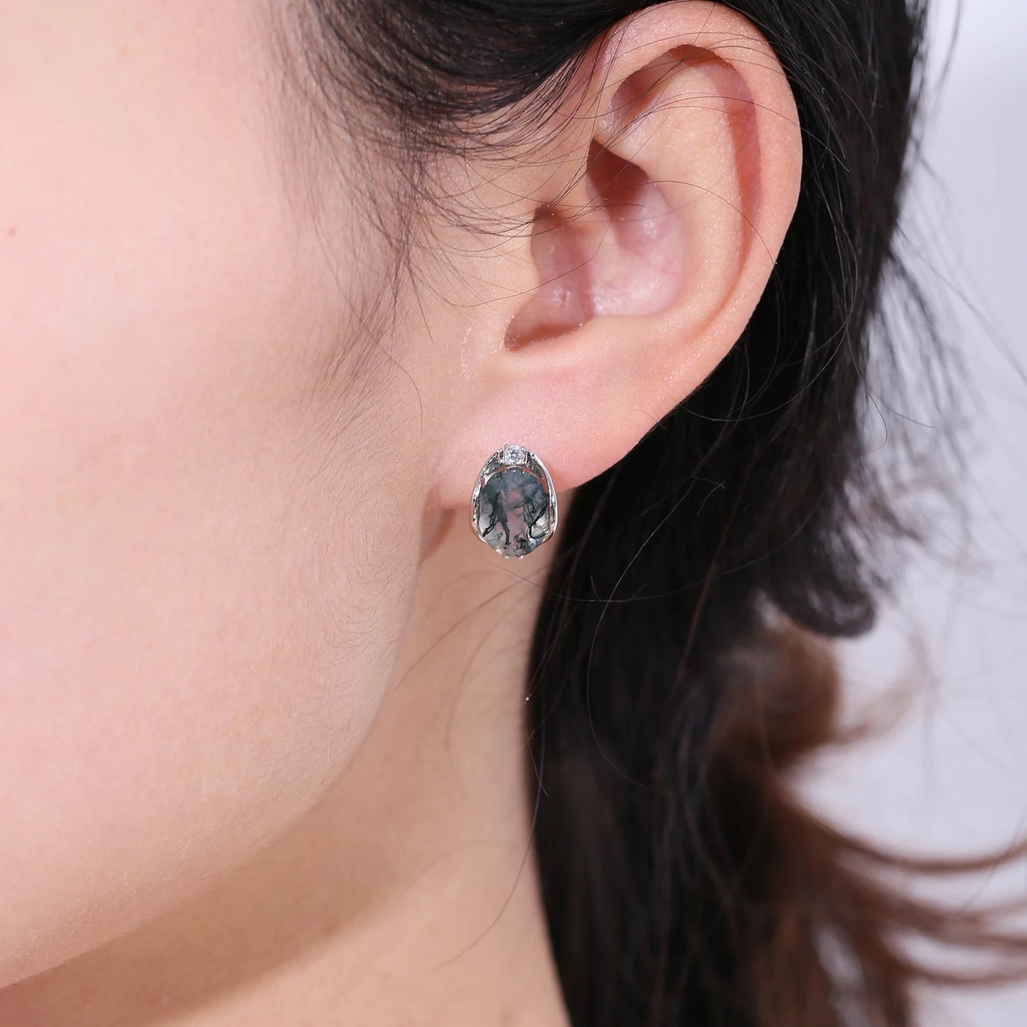 Dainty Gemstone Earrings 8X10Mm Oval Natural Moss Agate Studs Earrings in 925 Sterling Silver Gift for Her