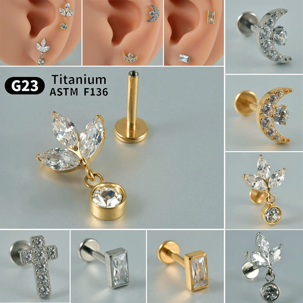 1PC G23 Titanium Moon Cross Cz Silver/Gold Labret Lip Studs Ear Cartilage Tragus Helix Earrings Daith Lobe Piercing Body Jewelry