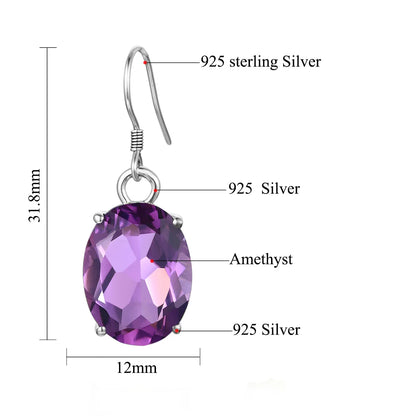 Classic Real 925 Sterling Silver for Women Amethyst Long Drop Earrings Oval Party Banquet Fine Jewelry Female Unique Gift