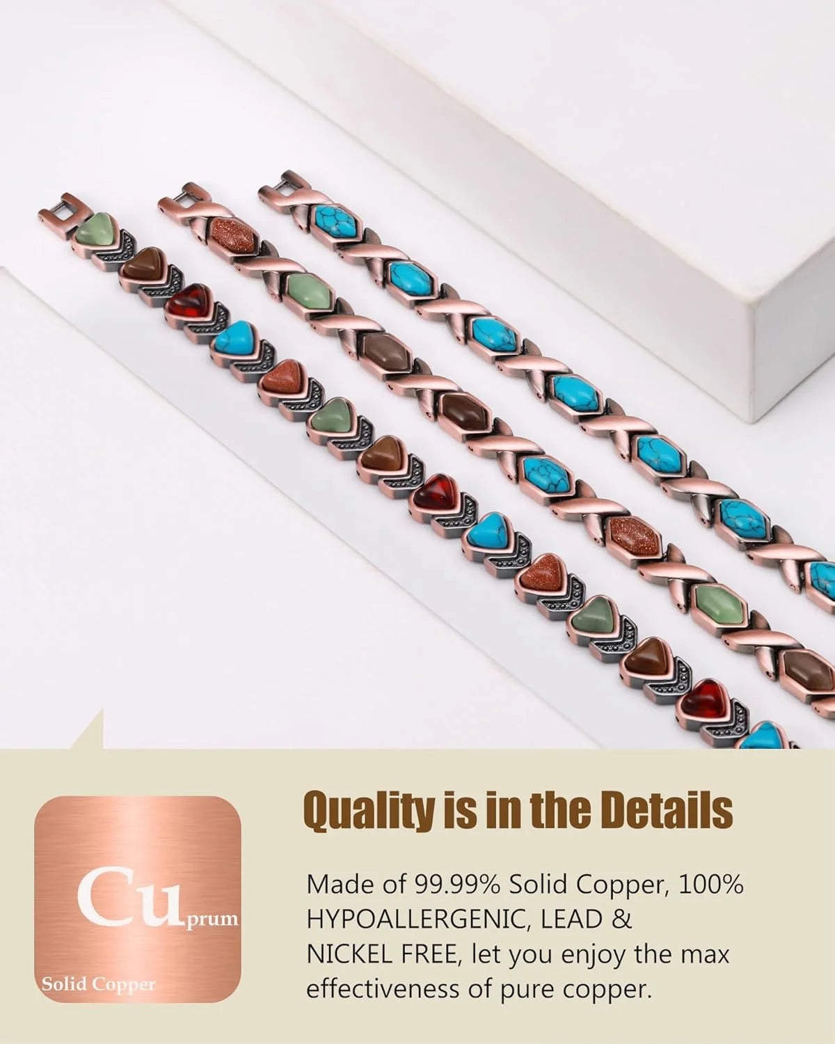 Feraco Pure Copper Bracelets for Women, Ultra Strength Magnetic Bracelet with 3800 Gauss Magnets & Natural Turquoise & Stones,