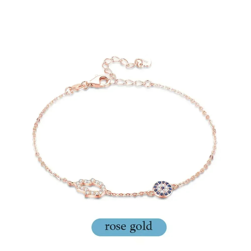 925 Sterling Silver Link Chain Bracelets for Women Hamsa Hand Evil Eye Charm Bracelet Turkish Rose Gold Jewelry