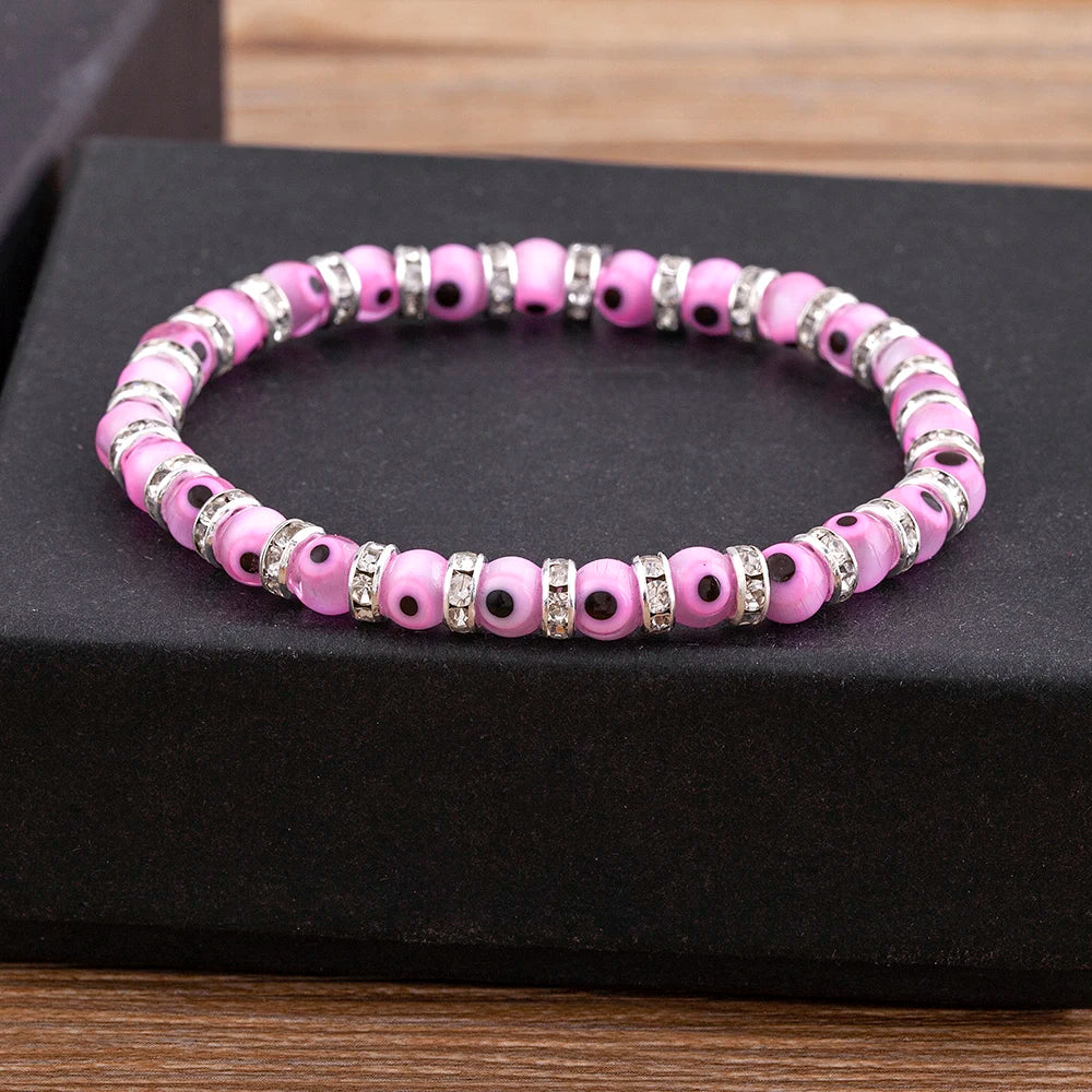 Hot Sale Lucky Evil Eye Handmade Elastic Rope Bracelets Glass Beads and 6MM Crystal 8 Colors Fine Party Adjustable Jewelry