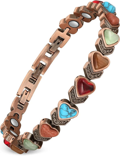 Feraco Pure Copper Bracelets for Women, Ultra Strength Magnetic Bracelet with 3800 Gauss Magnets & Natural Turquoise & Stones,