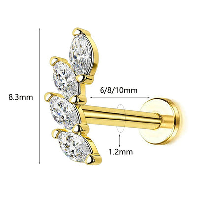 Petals with CZ Labret Piercing 100% 316L Surgical Steel Gold and Silver Color Cartilage Helix Flat Back Earrings Body Jewelry