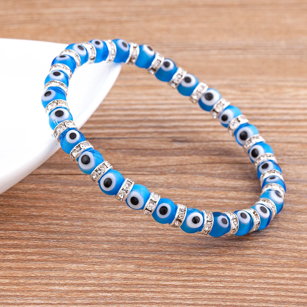 Hot Sale Lucky Evil Eye Handmade Elastic Rope Bracelets Glass Beads and 6MM Crystal 8 Colors Fine Party Adjustable Jewelry