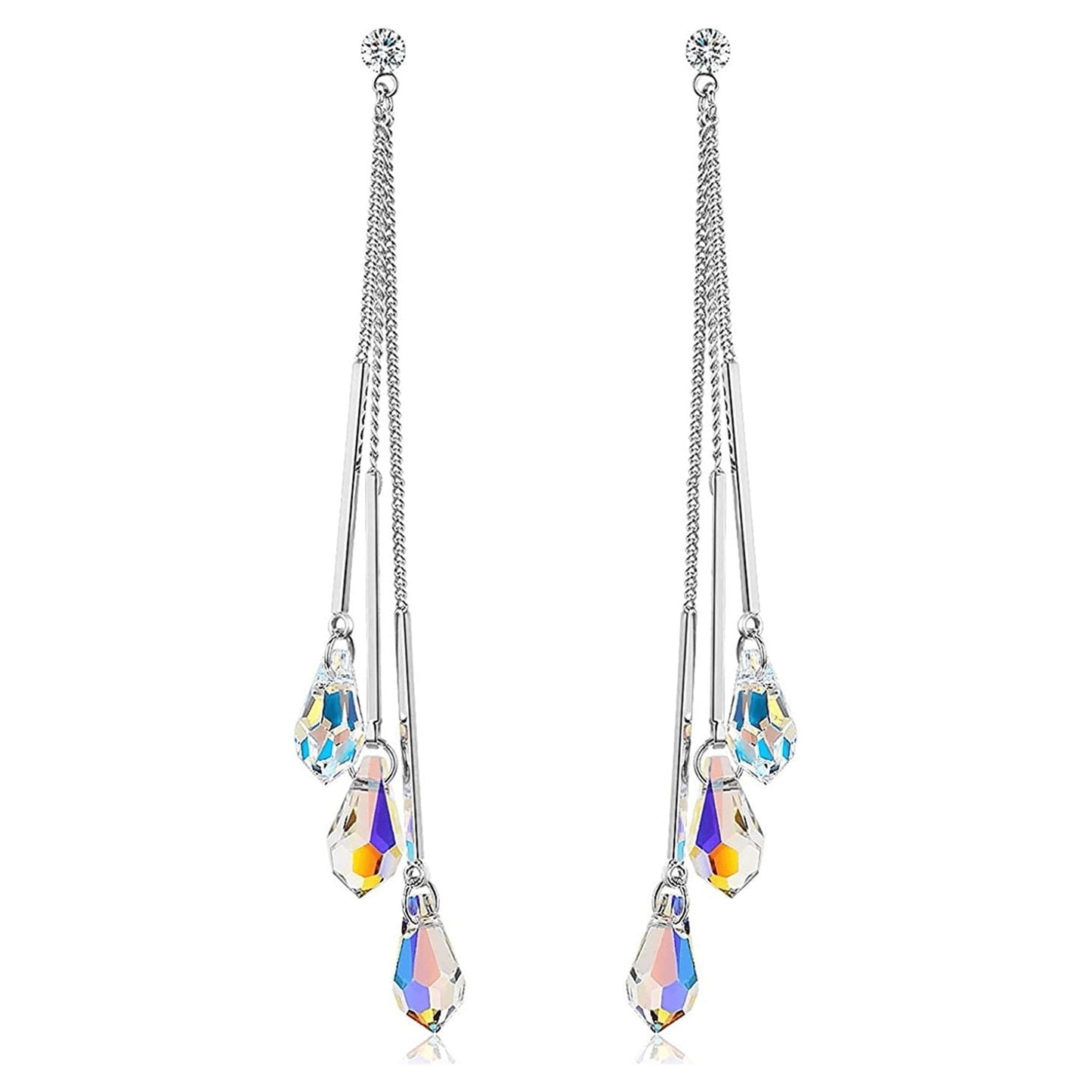14K White Gold Plated Aurora Borealis Drop Tear Cut Austrian Rainbow Multicolor Crystal Tear Drop Cut Stud Dangle Earrings for Women - Comes with  Gift Box