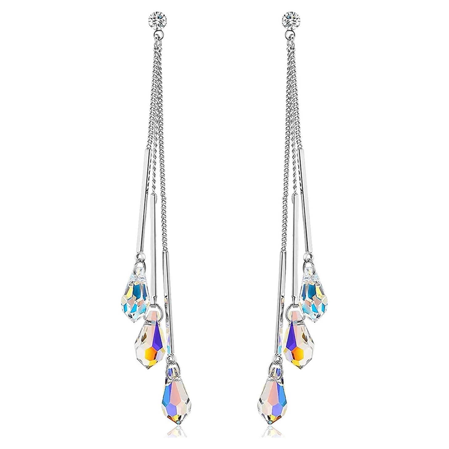 14K White Gold Plated Aurora Borealis Drop Tear Cut Austrian Rainbow Multicolor Crystal Tear Drop Cut Stud Dangle Earrings for Women - Comes with  Gift Box