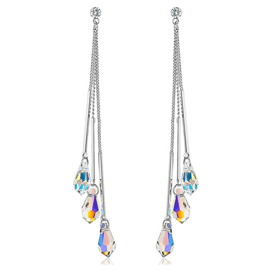 14K White Gold Plated Aurora Borealis Drop Tear Cut Austrian Rainbow Multicolor Crystal Tear Drop Cut Stud Dangle Earrings for Women - Comes with  Gift Box