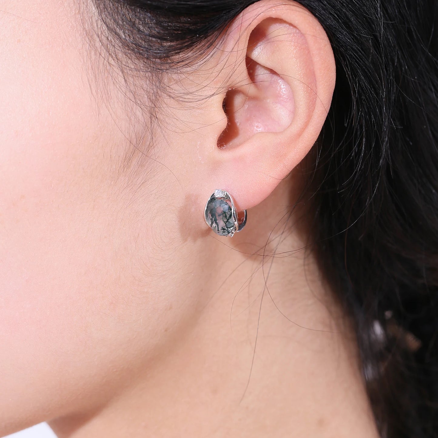 Dainty Gemstone Earrings 8X10Mm Oval Natural Moss Agate Studs Earrings in 925 Sterling Silver Gift for Her