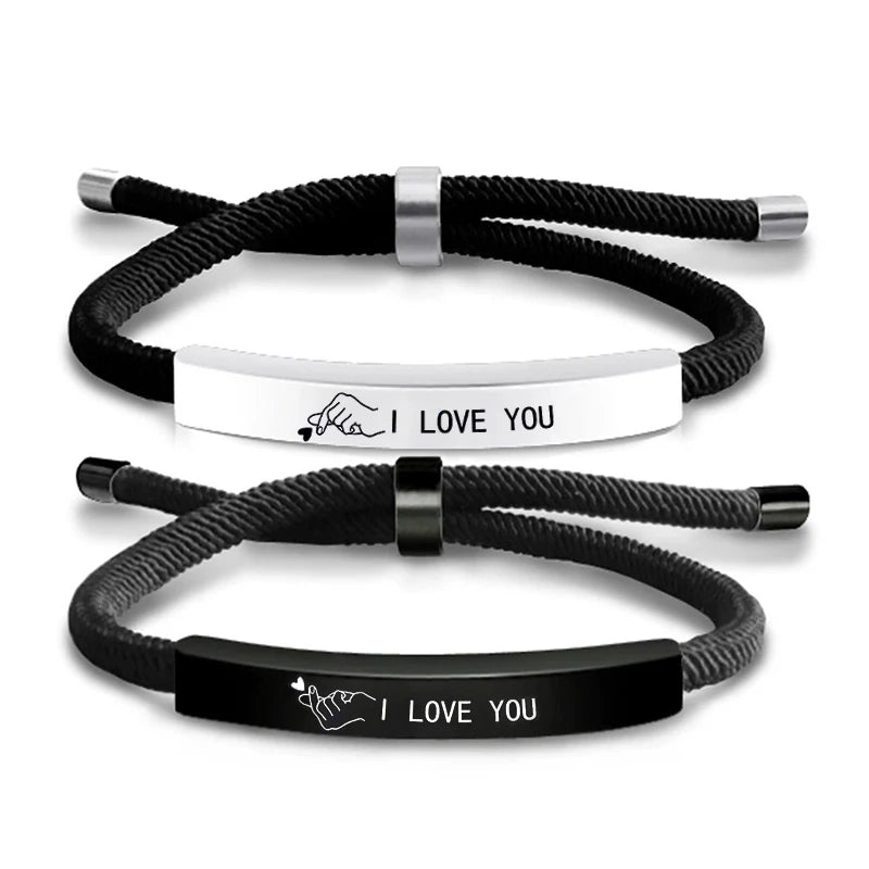 2 PCS I Love You Finger Heart Stainless Steel Couple Bracelet Black White Woven Bracelets for Lovers Valentine Gifts