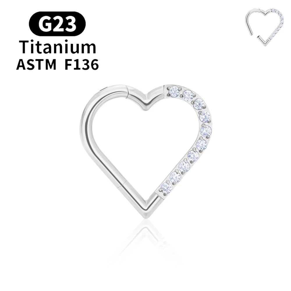 G23 Titanium round Hoop D Shape Nose Ring Daith Heart Earring 16G CZ Hinged Segment Ear Tragus Cartilage Helix Piercing Jewelry