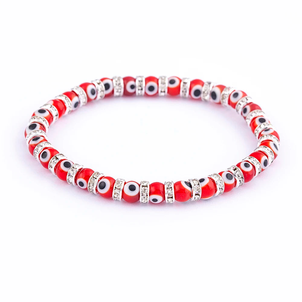 Hot Sale Lucky Evil Eye Handmade Elastic Rope Bracelets Glass Beads and 6MM Crystal 8 Colors Fine Party Adjustable Jewelry