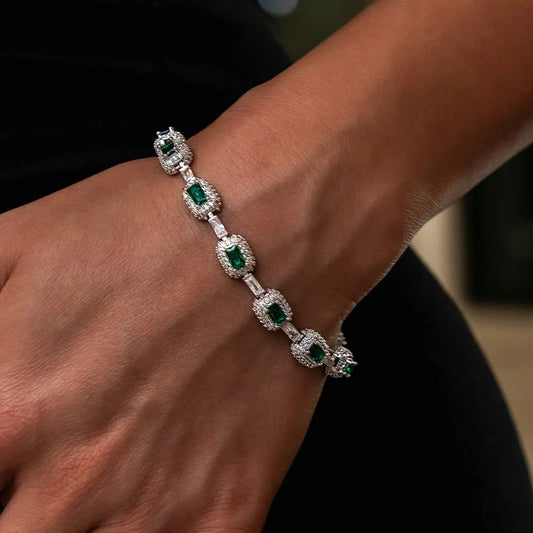Fine Jewelry White Gold Emerald Bracelet with Diamond 7Mm Iced Green Emerald Bracelet Gemstone Women Men Gift