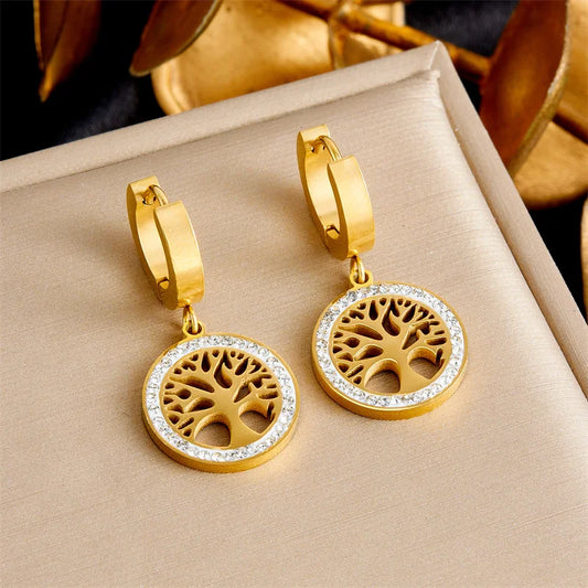 Lokaer Trendy Titanium Stainless Steel Bohemia Party Hoop Earrings CZ Crystal Tree Earrings Jewelry for Women Girl Серьги