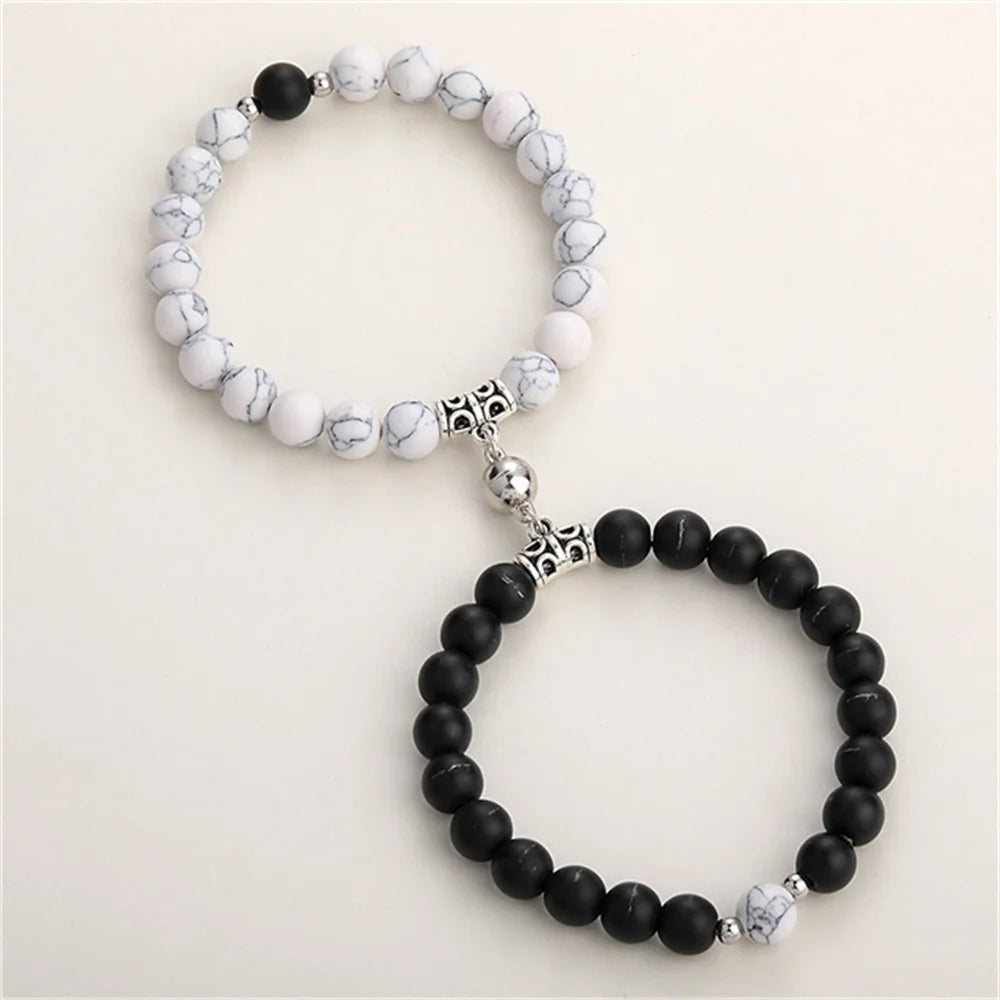 2Pcs/Set Couple Bracelets Natural Stone Beads Heart Shaped Distance Magnet Attraction Bracelet for Lovers Jewelry Gifts 2024 New