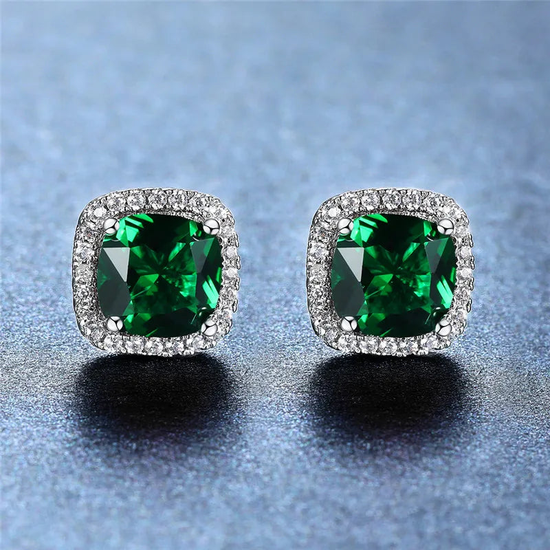 Birthstone Cushion Halo Solitaire Stud Earrings in Silver Plate