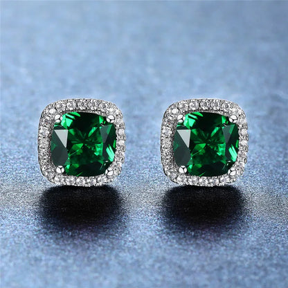 Birthstone Cushion Halo Solitaire Stud Earrings in Silver Plate