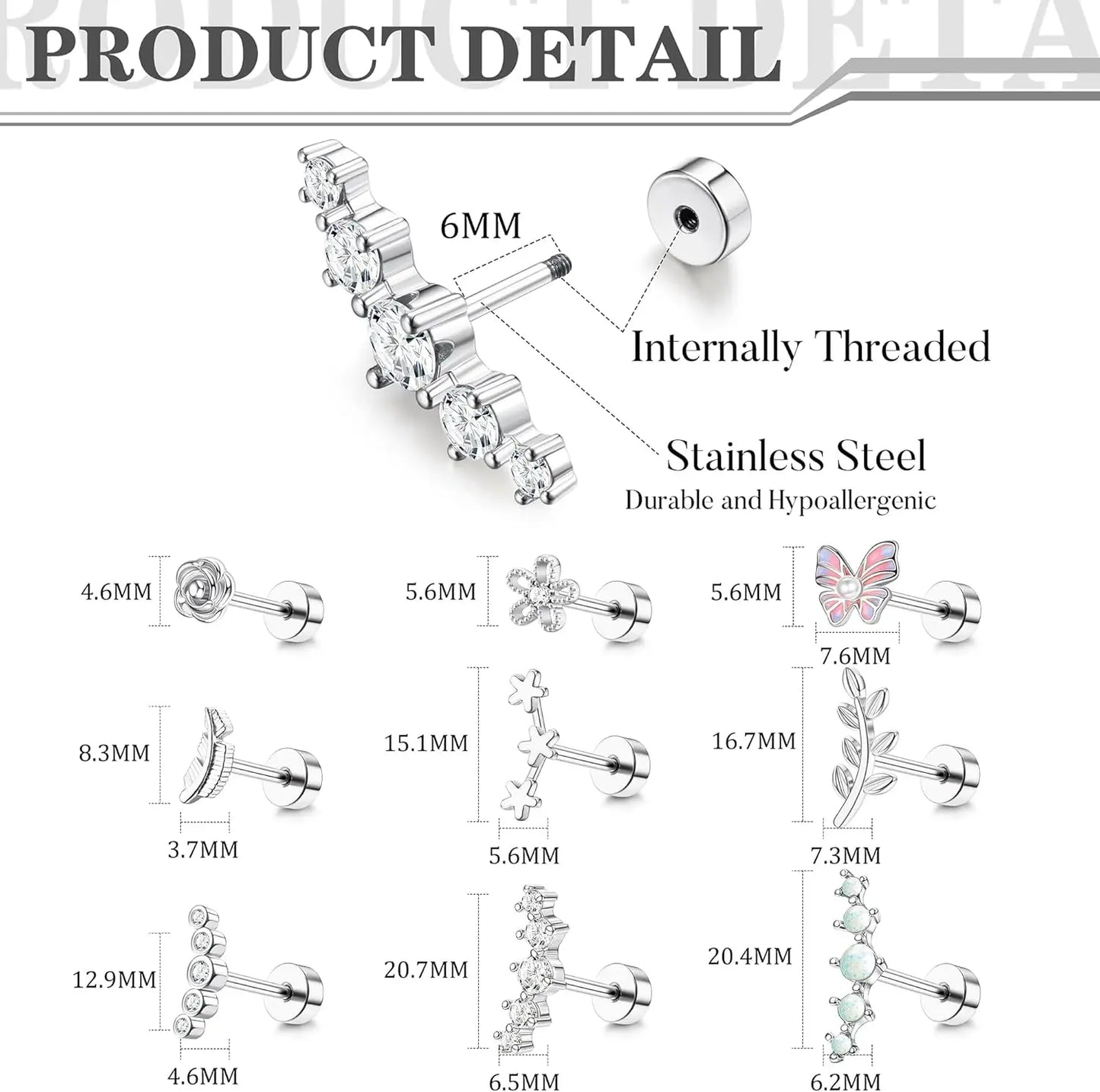 Cartilage Earring Stainless Steel Helix for Women Opal CZ Stud Earrings Butterfly Flat Back Cartilage Piercing Jewelry