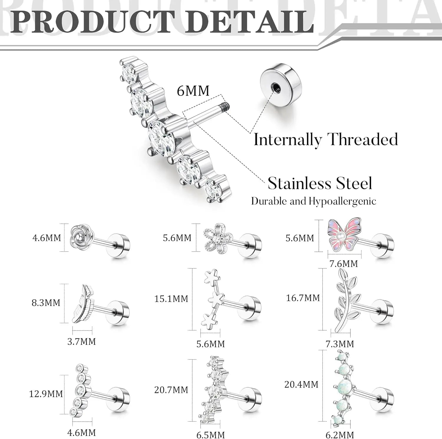 Cartilage Earring Stainless Steel Helix for Women Opal CZ Stud Earrings Butterfly Flat Back Cartilage Piercing Jewelry