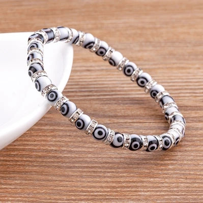 Hot Sale Lucky Evil Eye Handmade Elastic Rope Bracelets Glass Beads and 6MM Crystal 8 Colors Fine Party Adjustable Jewelry