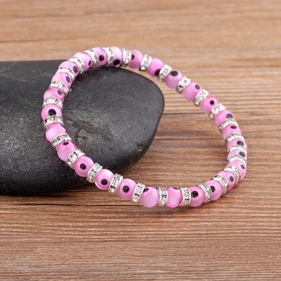 Hot Sale Lucky Evil Eye Handmade Elastic Rope Bracelets Glass Beads and 6MM Crystal 8 Colors Fine Party Adjustable Jewelry